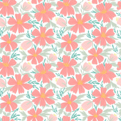 Pattern with red simple flowers. Vector seamless pattern with hand drawing wild flowers, colorful botanical illustration, floral elements, hand drawn repeatable background.