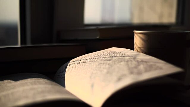 Home comfort with book and coffee and spring breeze