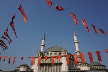 Taksim Mosque and Turkish flags built in Taksim square in Beyoğlu district of Istanbul