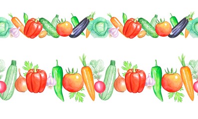 Watercolor seamless vegetable borders.Hand drawn illustration on white background.