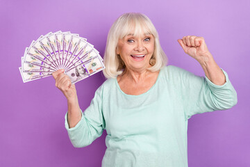 Photo of cheerful astonished old lady hold cash fan raise fist rejoice wear blue shirt isolated purple color background