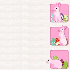 Square template design with pink Easter bunnies and colorful Easter eggs. Flat style. Frame for banners, greeting cards, social media. Vector illustration isolated on white background