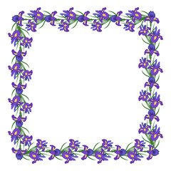 Square frame of iris flowers. wreath with spring blooming composition with plants and leaves. Festive decoration for wedding, holiday, postcard and design. Vector flat illustration