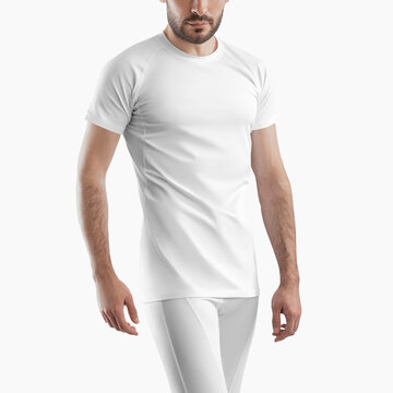 Mockup of sports compression pants and t-shirt on a man for design presentation.