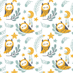 Cute Owl sleeping on a tree branch under the starry sky. Kids print painted in candinavian style. Seamless pattern. 
