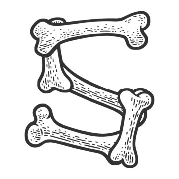 letter S made of bones sketch engraving vector illustration. Bones font. T-shirt apparel print design. Scratch board imitation. Black and white hand drawn image.
