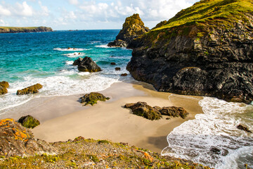 Aerial view of the beaches and coves of Poldark, UK