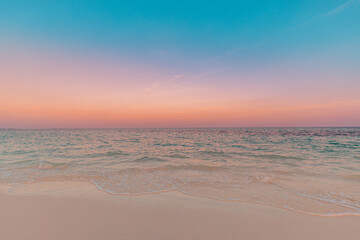 Closeup sea sand beach. Amazing empty beach landscape. Inspire tropical island seascape horizon....