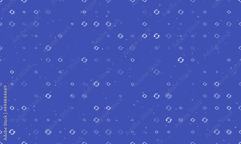 Poster seamless background pattern of evenly spaced white refresh symbols of different sizes and opacity. v