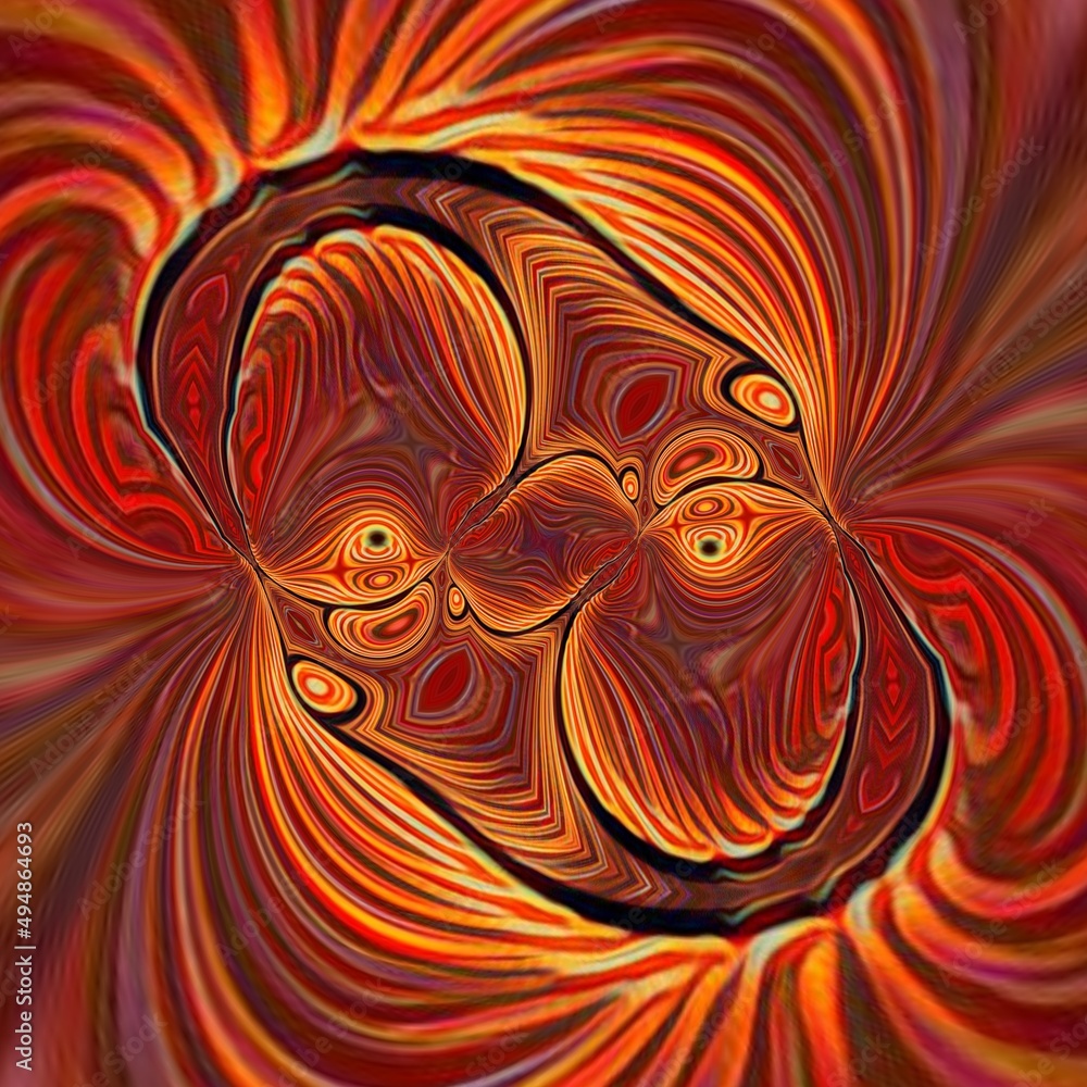 Poster cyclone style abstract pattern and symmetric intricate design in yellow gold red and orange
