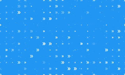 Seamless background pattern of evenly spaced white double arrow symbols of different sizes and opacity. Vector illustration on blue background with stars