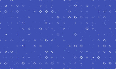 Seamless background pattern of evenly spaced white refresh symbols of different sizes and opacity. Vector illustration on indigo background with stars