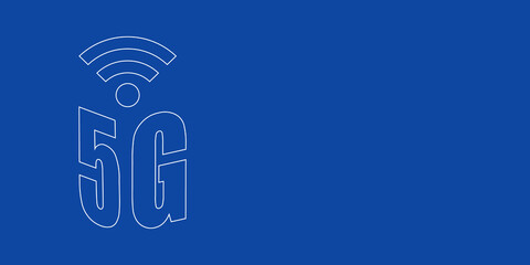 A large white outline 5G symbol on the left. Designed as thin white lines. Vector illustration on blue background