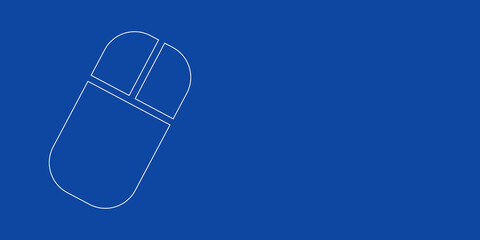 A large white outline computer mouse symbol on the left. Designed as thin white lines. Vector illustration on blue background