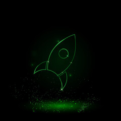 A large green outline rocket symbol on the center. Green Neon style. Neon color with shiny stars. Vector illustration on black background