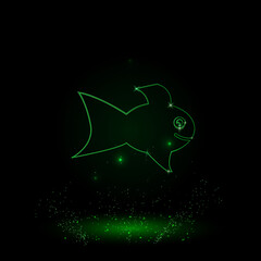 A large green outline gold fish symbol on the center. Green Neon style. Neon color with shiny stars. Vector illustration on black background