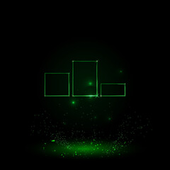 A large green outline winners podium symbol on the center. Green Neon style. Neon color with shiny stars. Vector illustration on black background