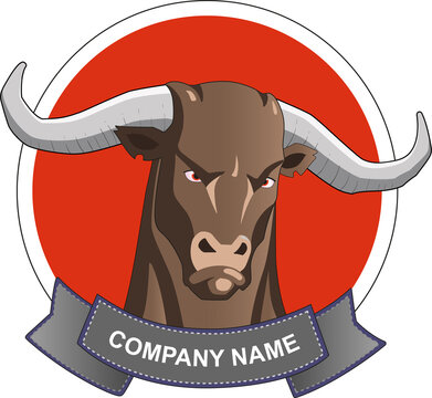 Logo t&ecirc;te de taureau sur fond rond orange badge avec banni&egrave;re