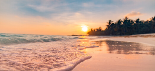 Closeup waves splashing in tropical island beach. Sunset landscape, amazing summer travel destination, romantic vacation nature scenic. Evening coast panoramic beach landscape, sky horizon sandy coast