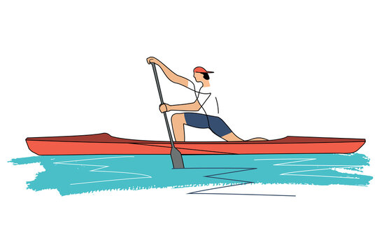 
Canoe sprint, man athlete standing in support on one knee in single canoe. 
Line art stylized Illustration of canoeing. Isolated on white background. Vector available.
