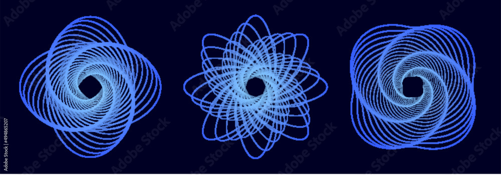 Poster set of twisted colored spirals. wireframe warp shape. vector technology tunnels.
