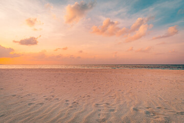Closeup sea sand beach. Amazing empty beach landscape. Inspire tropical island seascape horizon....