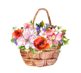 Fototapeta na wymiar Floral bouquet in basket - summer flowers. Vintage design for print, Mothers day card. Watercolor