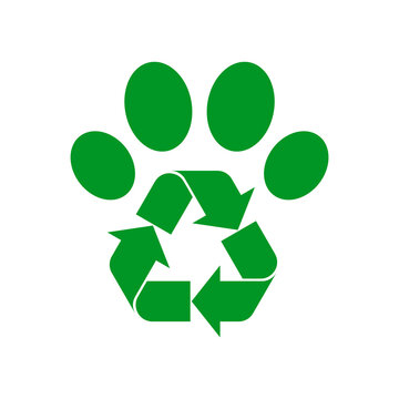 Paw with recycle sign. Recycled packaging idea. Brand identity logo template. Eco friendly pet animal products. Recycling materials. Nature conservation concept. Vector illustration, flat, clip art. 