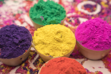 Various gulal (abir) used in holi celebration in India.