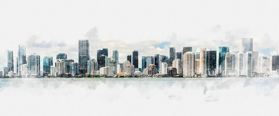Digital watercolor painting of Miami skyline with skyscrapers