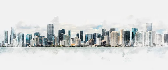 Foto op Plexiglas Aquarelschilderij wolkenkrabber Digital watercolor painting of Miami skyline with skyscrapers