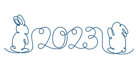 Water rabbit symbol of the year 2023. Bunny continuous line. Hand drawn cute illustration on a white background. 