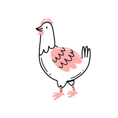 Cute chicken character in linear doodle style. Hand draw isolated illustration with farm animal chicken.