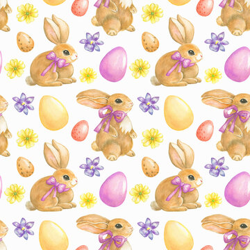 Watercolor seamless easter pattern with bunny,eggs and flowers on white background.