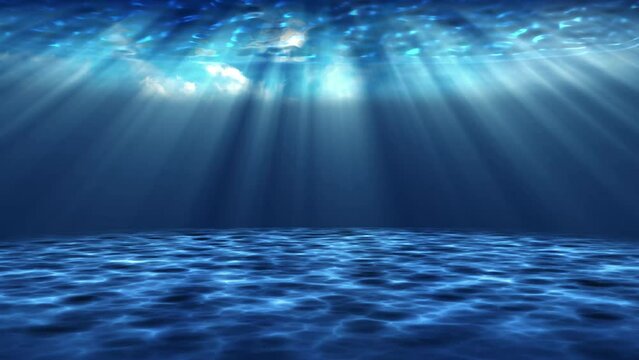 Underwater Scene with light Rays Over Blue Ocean Water.  Deep Sea Wide Panoramic View, Scenic 4k Video   