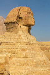 The Great Sphinx of Giza, located in the pyramid complex near Cairo, Egypt. One of Seven Wonders of the World.