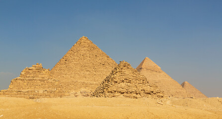 Fototapeta na wymiar Three pyramids of the great Pyramid complex of Giza. Cairo, Egypt
