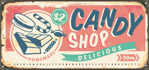 Candies and sweets retro confectionery store sign design on pink background. Old metal textured poster with various chocolate bars, desserts and sweet snacks. Food vector illustration.