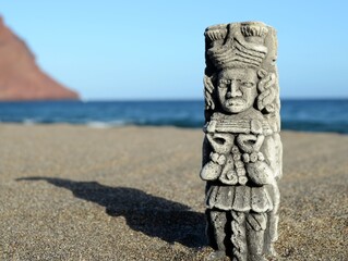 Ancient Maya Statue on the Sand Beach