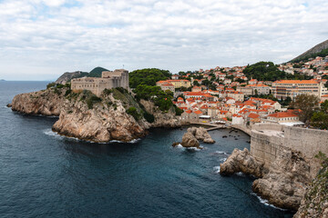 View towards Lovrijenac aka St. Lawrence Fortress and City Centre of Dubrovnik, Croatia with blue sky on a sunny day