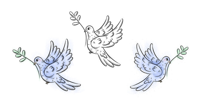 Awesome digital drawn pattern with tree flying white and blue doves os peace isolated on the white background