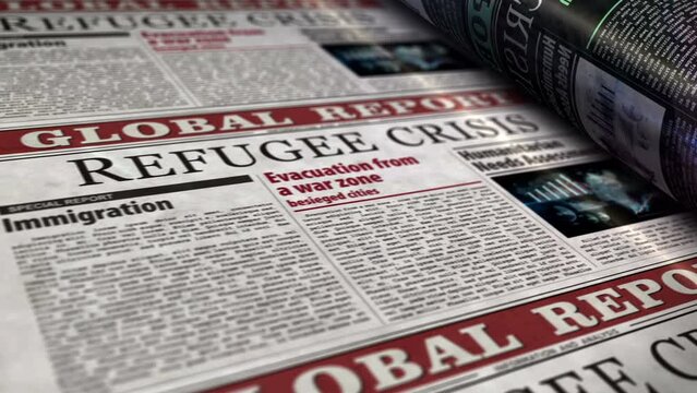 Refugee crisis and humanitarian aid daily newspaper report roll printing. Abstract concept 3d rendering seamless looped animation.