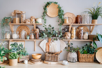 kitchen interior in eco style and furniture made of natural wood.