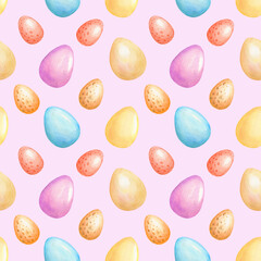 Seamless watercolor easter eggs pattern isolated on light violet background.For easter print,package design.