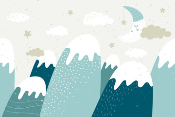 Fototapeta na wymiar Children mountains landscape with clouds and cute moon. Kids graphic. Vector illustration.