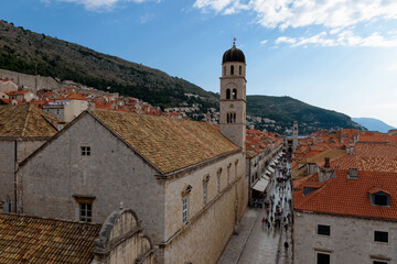 Building with Church Tower next to Maint Street in the Old Town of Dubrovnik, Croatia