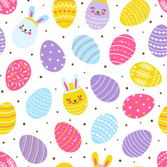 Seamless pattern with cute decorated eggs- cartoon background for happy Easter design 4 - 494872650