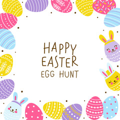 Square frame with cute decorated eggs isolated on white - cartoon greeting card for happy Easter design