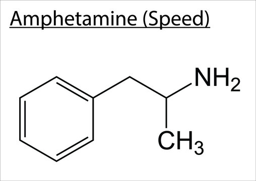 Chemical structure of Amphetamine on a white background.