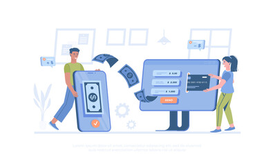 Money transfer. Sending money from a bank credit card through a computer to a mobile phone. Cartoon modern flat vector illustration for banner, website design, landing page.